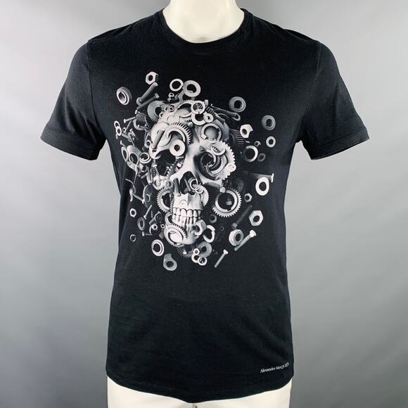 ALEXANDER MCQUEEN Size L Black Grey Skull Print Cotton Crew Neck T-shirt - Picture 1 of 9